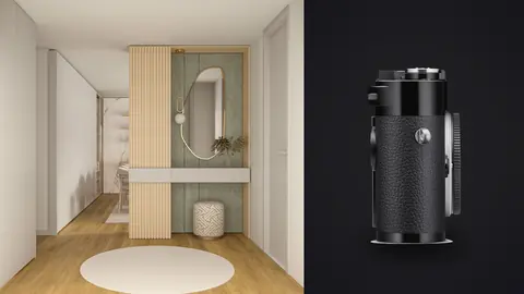 Leica M11 product photo beside hallway with round mirror and marble vanity nook