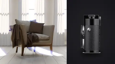 Leica M11 product photo beside empty armchair by sheer curtained window