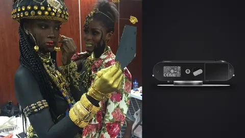 Leica M11 product photo beside two models wearing elaborate gold jewelry and headdresses