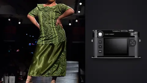 Leica M11 product photo beside model in an olive green dress posing on a runway