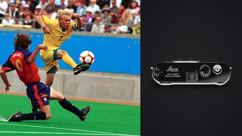 Leica M11 product photo beside soccer players competing for the ball mid-tackle