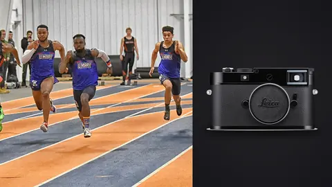 Leica M11 product photo beside sprinters racing down an indoor track lane