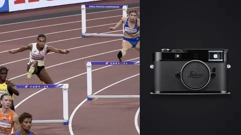 Leica M11 product photo beside two hurdlers clearing separate barriers with runners approaching below