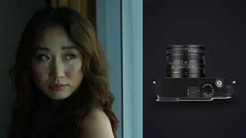 Leica Q3 product photo beside close portrait with freckles against teal background