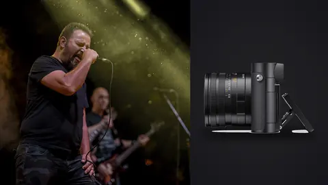 Leica Q3 product photo beside singer performing on stage close-up