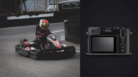 Leica Q3 product photo beside go-kart driver cornering hard on the track