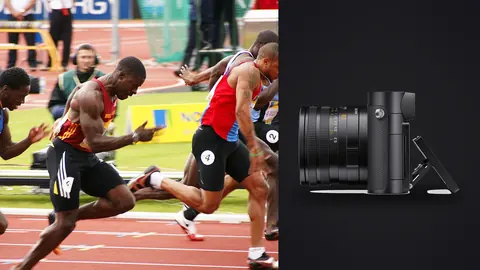 Leica Q3 product photo beside hurdlers clearing barriers together in a tight pack