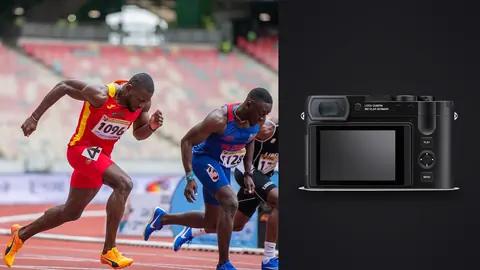Leica Q3 product photo beside two sprinters exploding out of the starting blocks