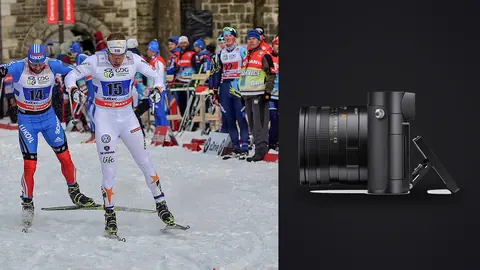 Leica Q3 product photo beside cross country skiers racing together through the snow