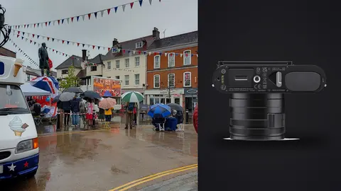 Leica Q3 product photo beside rain-soaked market square crowd sheltering under umbrellas