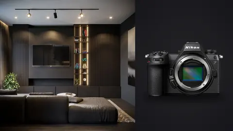 Nikon Z6 III product photo beside dark living room with wood accented tv wall