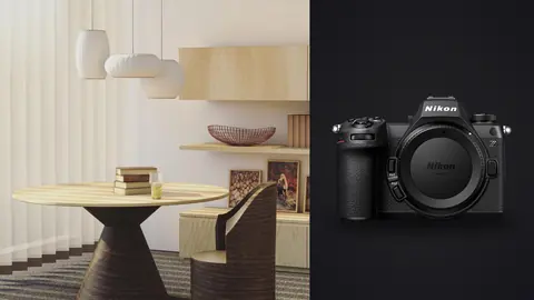 Nikon Z6 III product photo beside modern dining nook with round table and pendant lighting