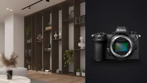 Nikon Z6 III product photo beside living room with wooden display shelving and ornaments