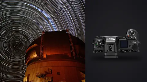 Nikon Z6 III product photo beside circular star trails above an observatory dome lit red