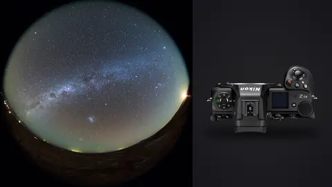 Nikon Z6 III product photo beside fisheye view of the milky way arching over an observatory dome