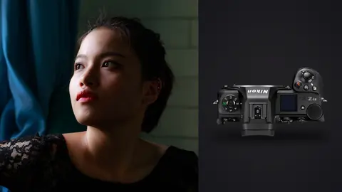 Nikon Z6 III product photo beside portrait in black lace top lit by teal window light