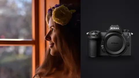 Nikon Z6 III product photo beside profile portrait in flower crown lit by window