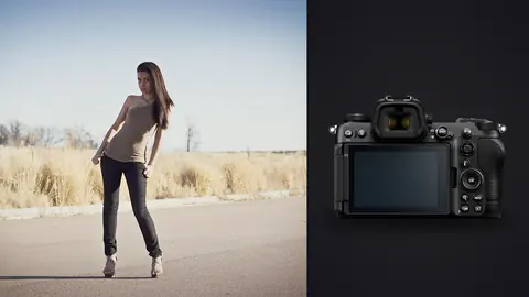 Nikon Z6 III product photo beside woman in casual streetwear walks across an open lot