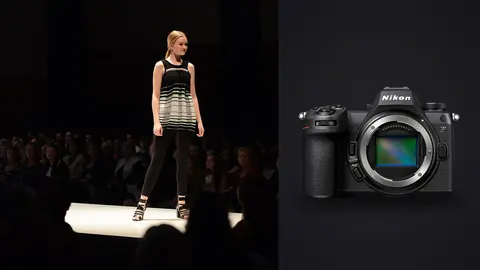 Nikon Z6 III product photo beside model in a striped top and leggings walking a runway