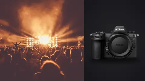 Nikon Z6 III product photo beside crowd silhouettes under dramatic stage lighting