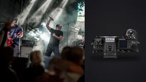 Nikon Z6 III product photo beside band performing on stage with crowd in foreground