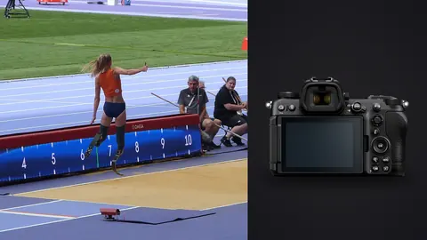 Nikon Z6 III product photo beside double-amputee athlete leaping through the air in a long jump