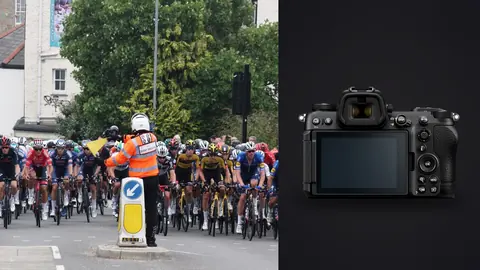 Nikon Z6 III product photo beside professional cycling teams racing through a small town center