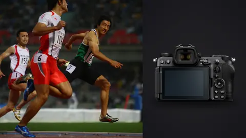 Nikon Z6 III product photo beside two sprinters racing neck and neck down the track