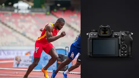 Nikon Z6 III product photo beside two sprinters diving for the finish line together
