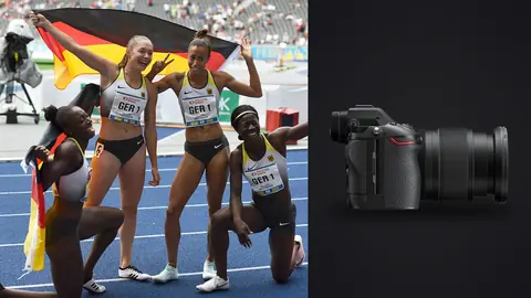 Nikon Z6 III product photo beside relay team celebrating together while holding a flag