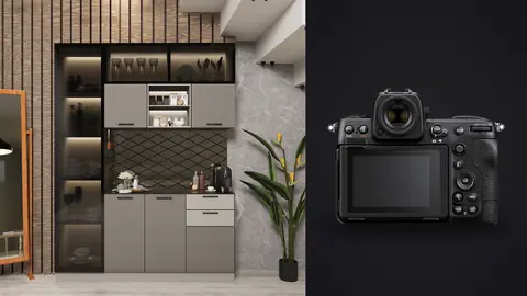 Nikon Z8 product photo beside kitchen with mirror and open display shelving