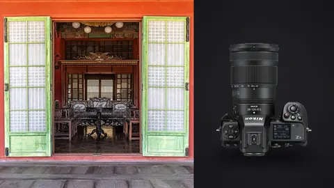 Nikon Z8 product photo beside vivid traditional palace interior seen through open doors