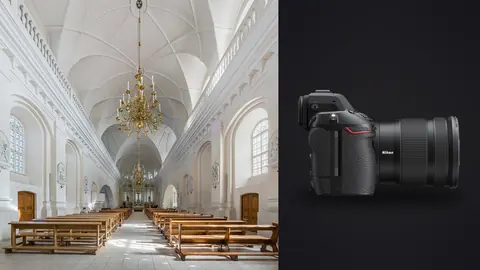 Nikon Z8 product photo beside bright white baroque nave with gold chandeliers