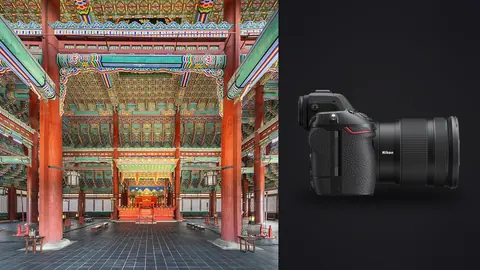 Nikon Z8 product photo beside traditional palace throne hall with red pillars and ornate ceiling