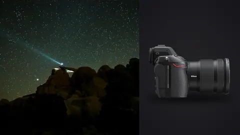 Nikon Z8 product photo beside dense starfield above a rocky ridge with a headlamp beam