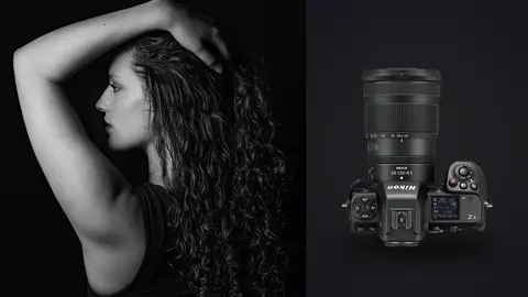 Nikon Z8 product photo beside profile portrait with hand raised into curly hair