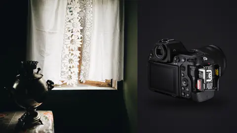 Nikon Z8 product photo beside antique vase by lace curtain in window