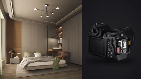 Nikon Z8 product photo beside modern bedroom with shelving and nightstand lamp