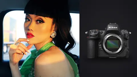Nikon Z8 product photo beside close-up beauty portrait of a model in a green dress
