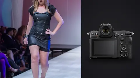 Nikon Z8 product photo beside model in a black leather outfit walks a fashion show runway