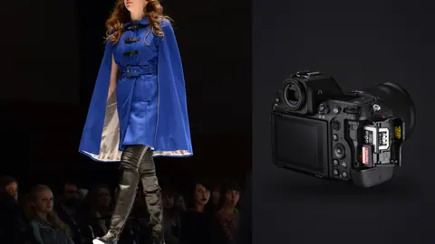 Nikon Z8 product photo beside model in a blue cape coat and thigh-high boots on a runway