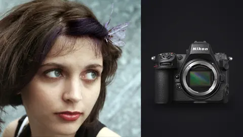 Nikon Z8 product photo beside close up portrait of a woman with a purple hair clip