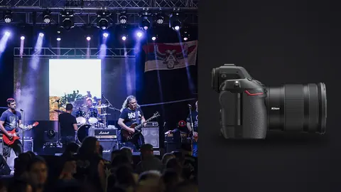 Nikon Z8 product photo beside guitarist performing on stage with crowd visible
