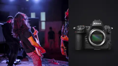 Nikon Z8 product photo beside guitarists performing on outdoor stage