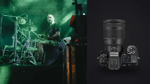 Nikon Z8 product photo beside drummer performing on stage under green lights
