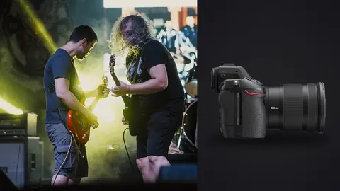 Nikon Z8 product photo beside two guitarists performing on stage