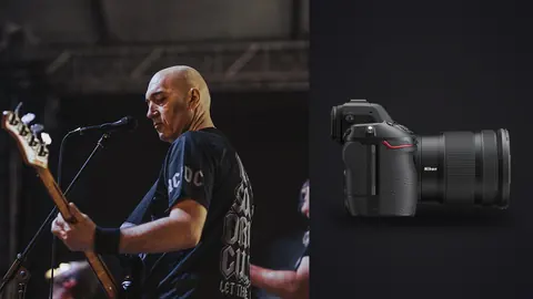 Nikon Z8 product photo beside guitarist singing on stage