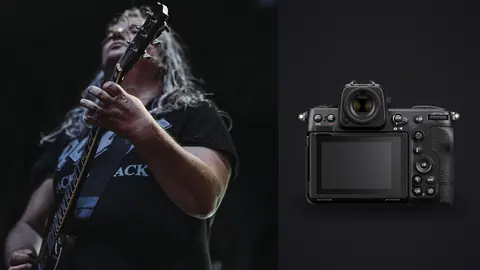Nikon Z8 product photo beside guitarist performing on stage