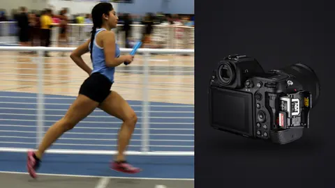 Nikon Z8 product photo beside relay runner sprinting on an indoor track holding a baton