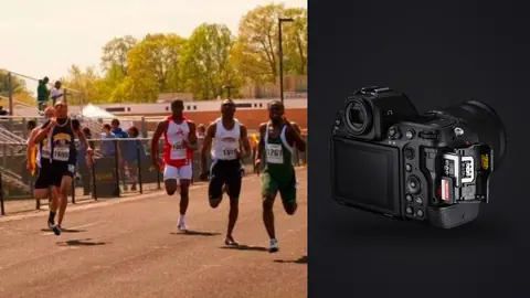 Nikon Z8 product photo beside pack of runners competing together on a paved road course